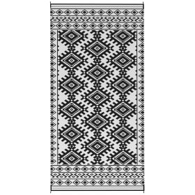 Reversible Outdoor Rug, Waterproof Plastic Straw with Carry Bag, 9' x 18', Black & White Rhombus Border