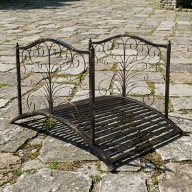 4' Metal Arch Garden Bridge with Safety Side Rails Black Bronze Decorative Scrollwork Easy Assembly Backyard Feature