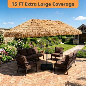 15 x 9 FT Double-Sided Solar LED Patio Umbrella, 144 LEDs 12 Modes Outdoor Thatch Umbrella with Type-C Charging & Weighted Base