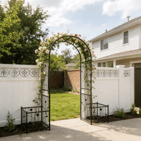 Metal Garden Arch with two plant stands 79.5'' Wide x 86.6'' High Climbing Plants Support Rose Arch Outdoor Black