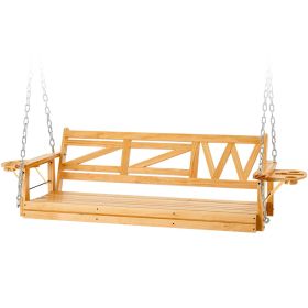 Heavy Duty 3-Person Wooden Porch Swing 800 LBS with Chains & Cupholders (Color: Nature)