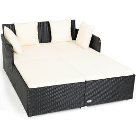 Spacious Outdoor Rattan Daybed with Upholstered Cushions and Pillows (Color: White)
