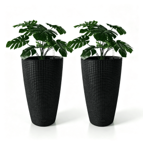 Set of 2 Faux Rattan Tall Planters Outdoor Indoor Large Planters with Water Level Monitor Inner Bucket, Automatic Watering (Color: as Pic)