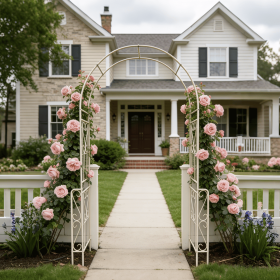 Metal Garden Arch W55'' x H94.5'' Garden Arbor Trellis Climbing Plants Support Rose Arch Outdoor Arch Cream White (Color: as Pic)